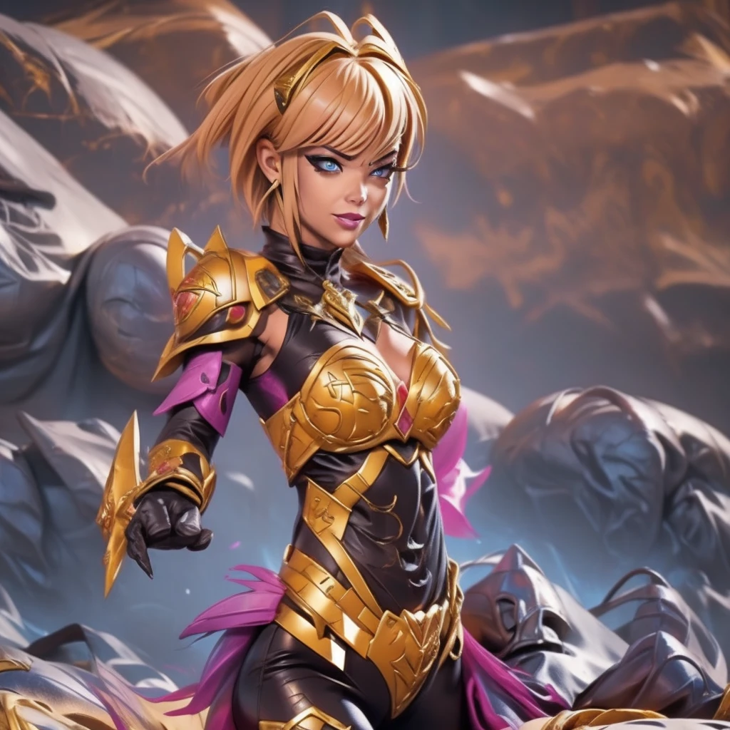 Armored Armalien princess with short, vibrant yellow hair and electrifying powers resides in an uncharted galaxy. Her asymmetrical, stylized golden armor, adorned with electric design elements, shines brightly, reflecting her villainous personality. Her seductive smile and a provocative laugh accentuate her allure, contrasting the intimidating aura of her armor. ((intricate detail)),(((realism))), HDR, 8k, absurdres, cinestill 800, sharp focus, add_detail:2, (solo, woman)