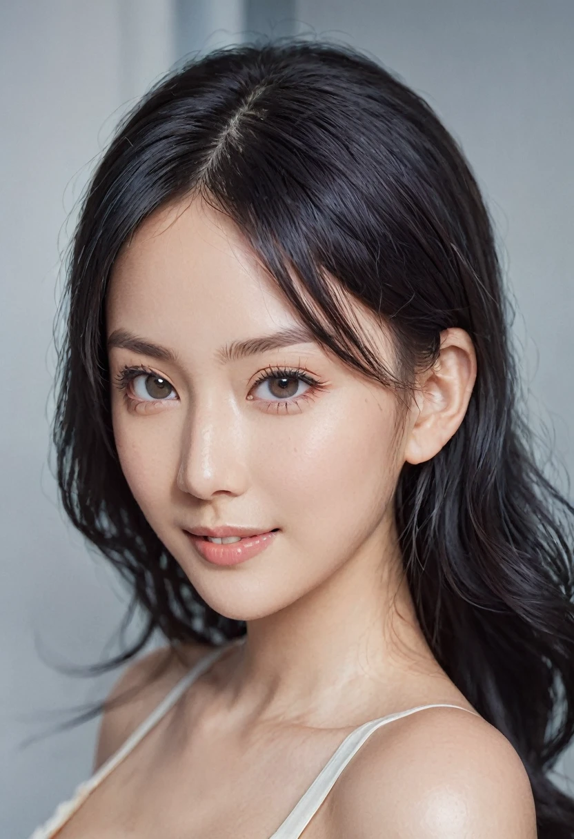 Medium format HD photo, (Stunning gorgeous eurasian Instagram model:1.3), Symmetrical composition, Striking features, Luminous skin, (Flowing black hair:1.2), Radiant smile, Captivating gaze, Elegant posture, (Soft natural light:1.3), Captured with a Phase One XF IQ3 100MP, 80mm f/2.8 lens, Clear details, Ethereal beauty, Timeless allure.