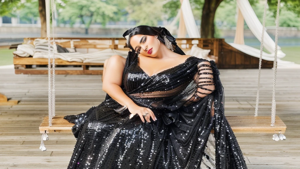 araffe woman sitting on a swing in a black dress, black gown, sequins, how pretty, black jewellery, stunning elegant pose, exclusive, black, glimmering, gorgeous lady, wearing a sparkling dress, very extremely beautiful, selina, jaw-dropping beauty, by Daphne Allen, inspired by Elena Guro, stunning woman, in the glamour style