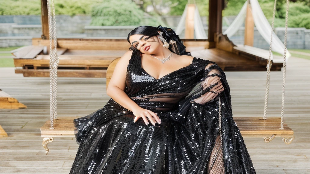 araffe woman sitting on a swing in a black dress, black gown, sequins, how pretty, black jewellery, stunning elegant pose, exclusive, black, glimmering, gorgeous lady, wearing a sparkling dress, very extremely beautiful, selina, jaw-dropping beauty, by Daphne Allen, inspired by Elena Guro, stunning woman, in the glamour style