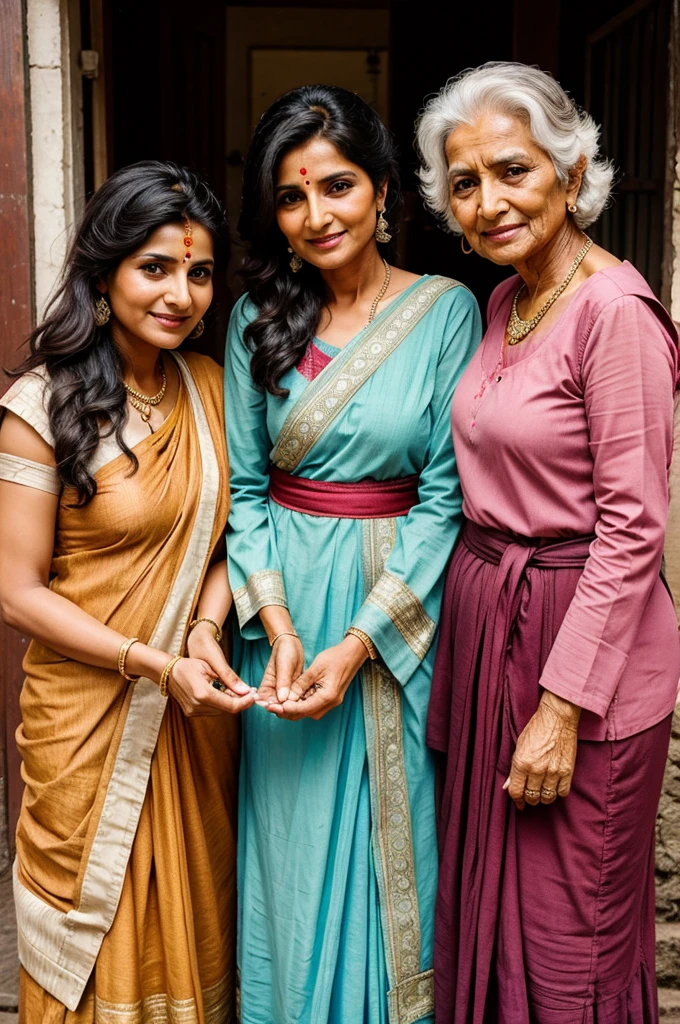 Old rugged Grandma giving two ladoos to a woman and girl