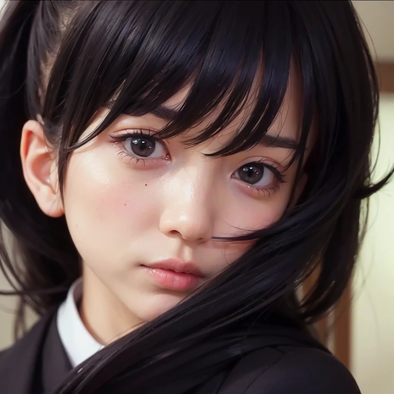 a masterpiece portrait of a beautiful young woman with a small face and a cute expression with a black cat, wearing a black formal blazer and a short skirt, in an office setting, shot with a DSLR camera, high-quality 8k UHD image with realistic skin details, detailed facial features, rim lighting, and a beautiful bokeh background