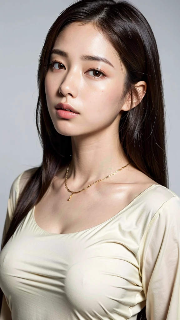 (Best quality, 8K, 32k, Masterpiece, uhd:1.2),Photo of Pretty Japanese woman, Gal large breasts, Straight long hair, Brown Hair upper body,face focus,oversized_White Y-shirt, necklace, simple background, from above, looking at viewer,Cleavage Thin eyebrows