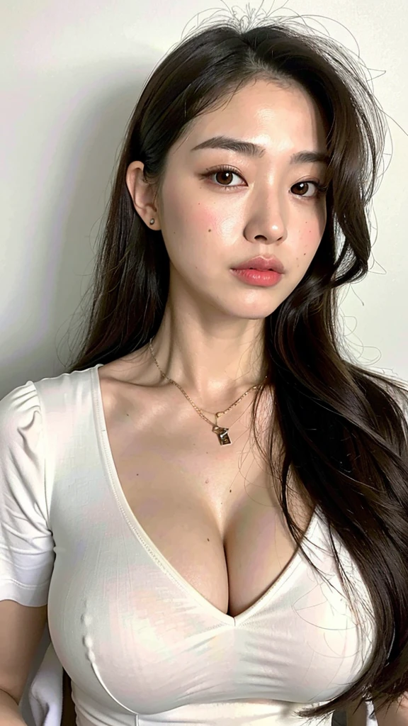 (Best quality, 8K, 32k, Masterpiece, uhd:1.2),Photo of Pretty Japanese woman, Gal　large breasts, Straight long hair,　Brown Hair　upper body,face focus,oversized_White Y-shirt, necklace, simple background, from above, looking at viewer,Cleavage　Thin eyebrows