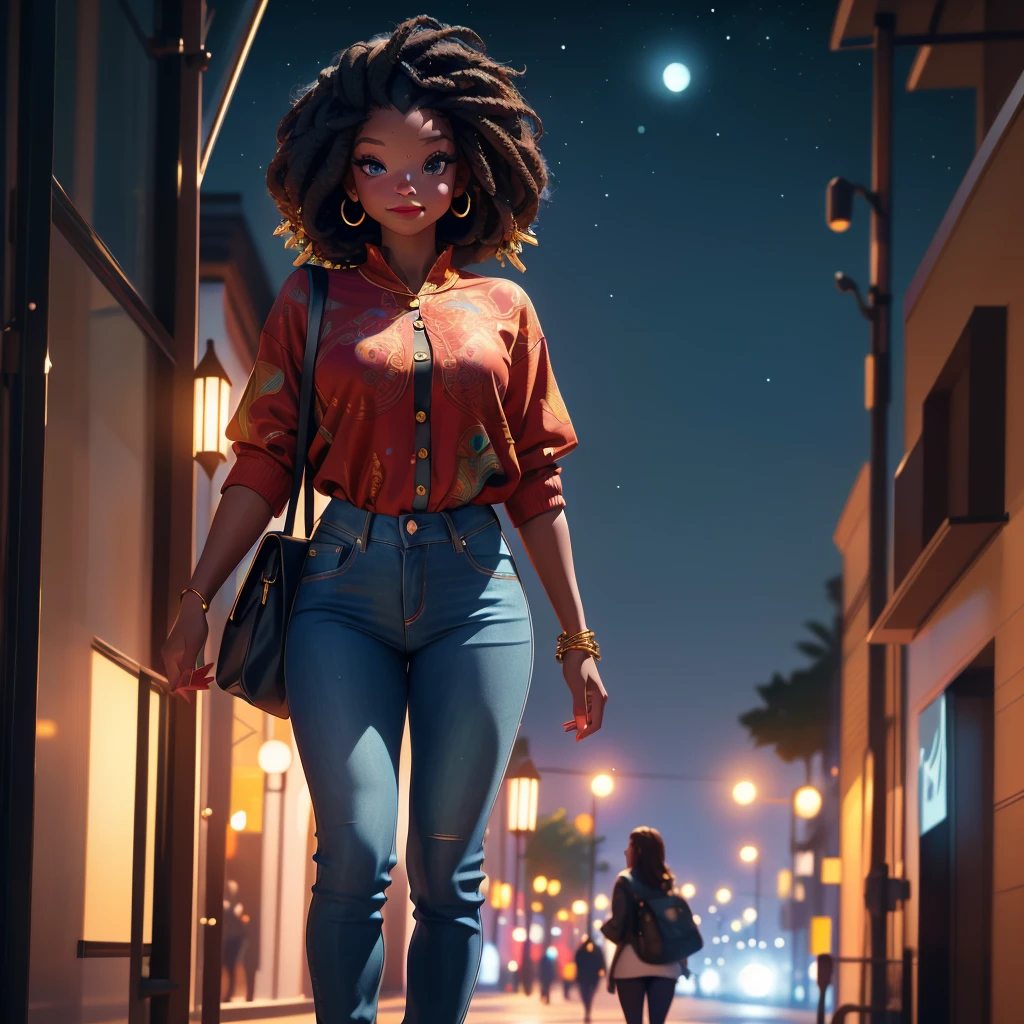 (best quality,4k,8k,highres,masterpiece:1.2),ultra-detailed, 1woman, Akan Goddess Onyame as a college student, hallebailey, West African features, Tall, Symmetrical face, smiling, looking at viewer, perfect stylish clothes, stylish jeans, Stylish blouse, Stylish purse, walking on college campus at night, bright blueish moonlight, HDR, 8k, absurdres, cinestill 800, sharp focus ((intricate detail)),(((realism))), HDR, 8k, absurdres, cinestill 800, sharp focus, add_detail:2, (solo, woman)