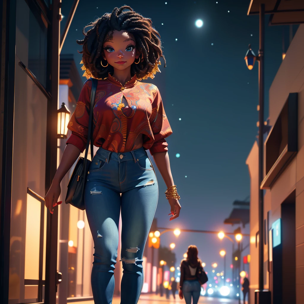 (best quality,4k,8k,highres,masterpiece:1.2),ultra-detailed, 1woman, Akan Goddess Onyame as a college student, hallebailey, West African features, Tall, Symmetrical face, smiling, looking at viewer, perfect stylish clothes, stylish jeans, Stylish blouse, Stylish purse, walking on college campus at night, bright blueish moonlight, HDR, 8k, absurdres, cinestill 800, sharp focus ((intricate detail)),(((realism))), HDR, 8k, absurdres, cinestill 800, sharp focus, add_detail:2, (solo, woman)