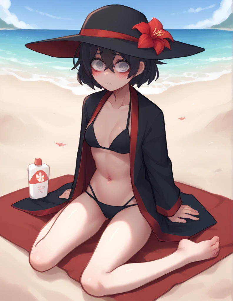1 girl, alone, ppka, black fur, short hair, messy fur, Ahoge, wellrts, wellrts all over the body, grey eyes, blind eyes, kind eyes, blushing, nervous, cute look, looking at the viewer,
Bikini, Bikini sexy, black bikini, beach robe, black coat, robe with flowers carmesí, beach robe negra. Black and red beach robe, crimson red robe, robe with flowers, robe with red lilies pamela, wellmela hat, black beach hat, black hat, she is black, flower on top of hat, red lily in the hat,
abdomen visible, Exposed navel, exposed breast wellrte, exposed legs, barefoot beach, eggs, arena, smelling flower,
sitting, putting sunscreen on the thighs