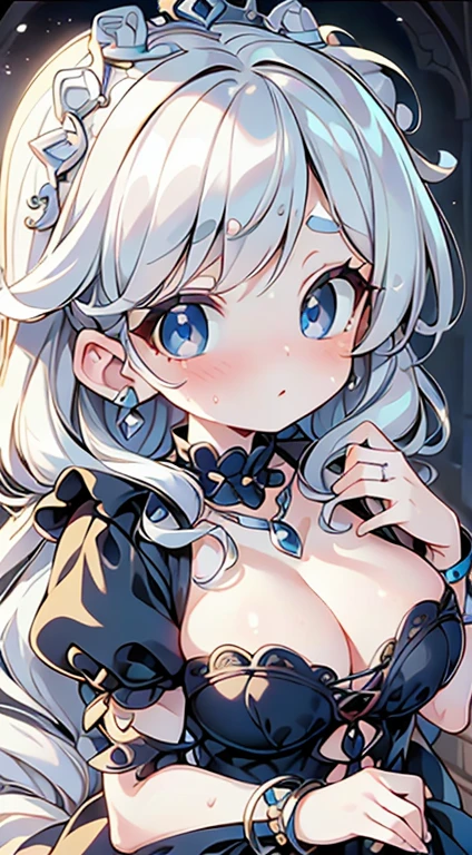 high quality, Lots of details, A silver-haired girl poses cutely. They are dressed in vintage gothic clothing, Putting on a bracelet, Earrings and Necklaces. I can see big things. The photo is a close-up of the face, With cleavage, Shining Breasts, Sweat in cleavage, Sexy vibe.Small breasts、Cute eyes, beautiful eyes、Big eyes、Ultra delicate、Ultra HD