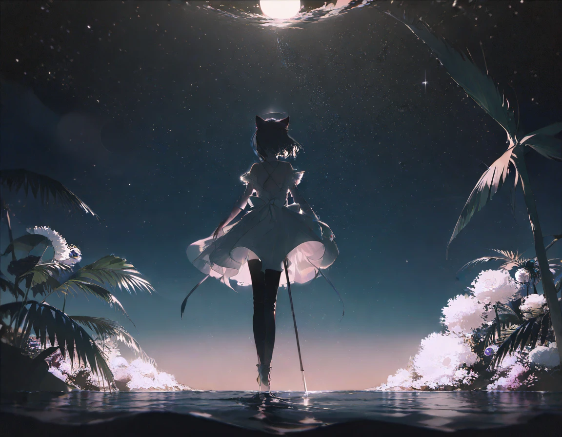 by rella, amazing quality, masterpiece, best quality, absurdres, beautiful, detailed shadow, aesthetic, BREAK A girl, Solitary, Stand on the water, Reflective surface, , Cat ear, (poster:0.76), (Palm leaves), White flowers, (Blue light glow:1.2), night, Dark theme, Starry Sky, dream,moonlight