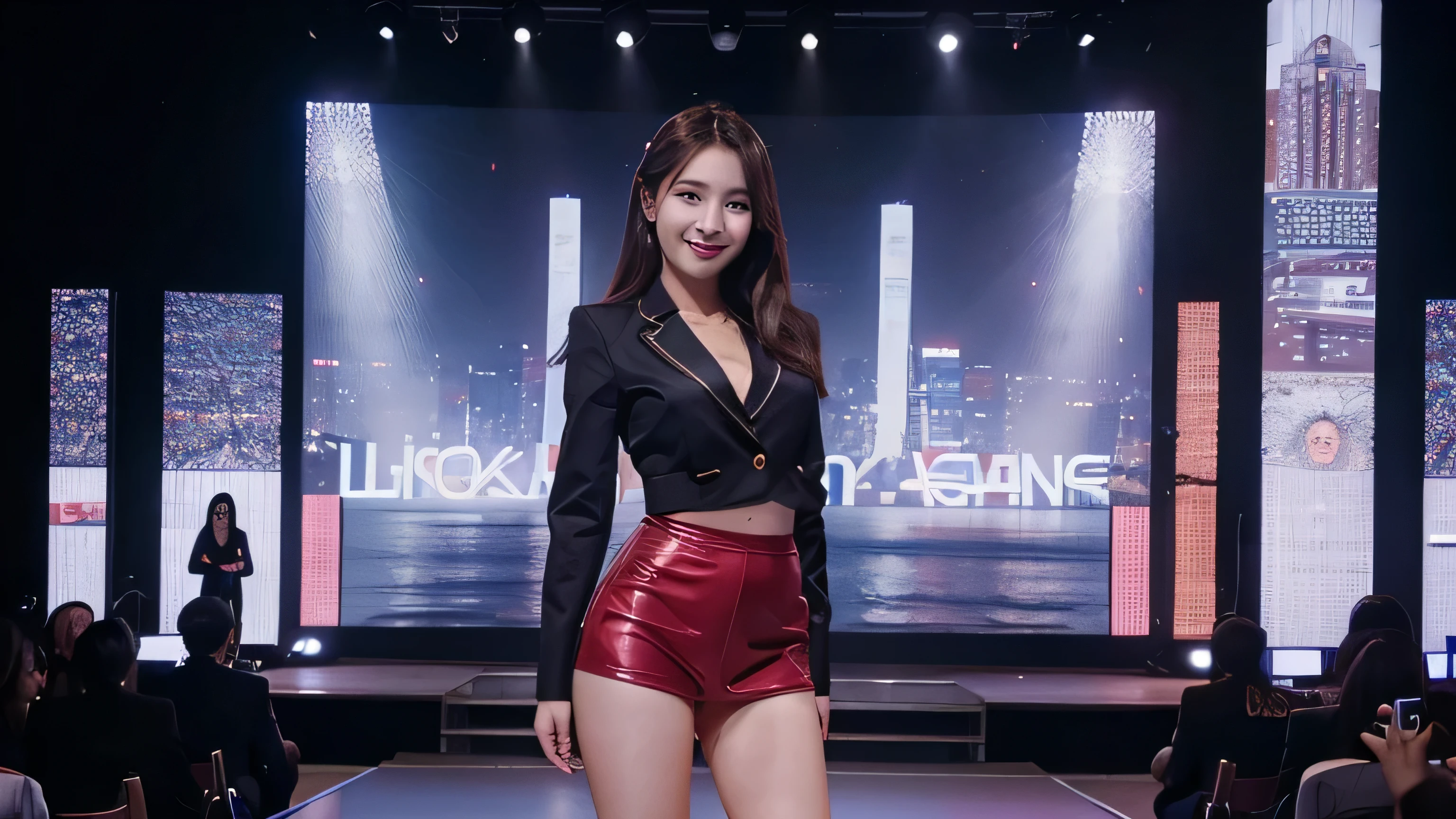 woman wear K-pop , look smart ,Asia, smile, Technology, Consert background, full body, zoom out, Asia smile