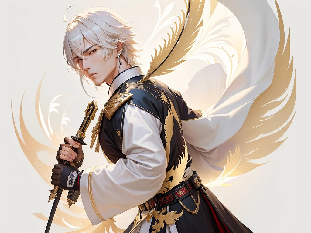 Close-up of a man holding a fan and a sword, picture of a male Priest, Genshin Impact impact character, keqing from Genshin Impact impact, Things, Priest, zhongli from Genshin Impact impact, Casimir Art, Onmyoji Portrait, Genshin Impact, Taisho Rome, Elaborate white and gold armor, Detailed key animation art, From Arknights