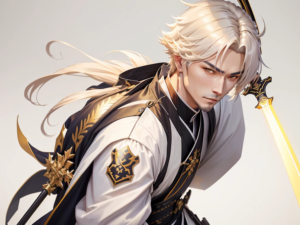 Close-up of a man holding a fan and a sword, picture of a male Priest, Genshin Impact impact character, keqing from Genshin Impact impact, Things, Priest, zhongli from Genshin Impact impact, Casimir Art, Onmyoji Portrait, Genshin Impact, Taisho Rome, Elaborate white and gold armor, Detailed key animation art, From Arknights