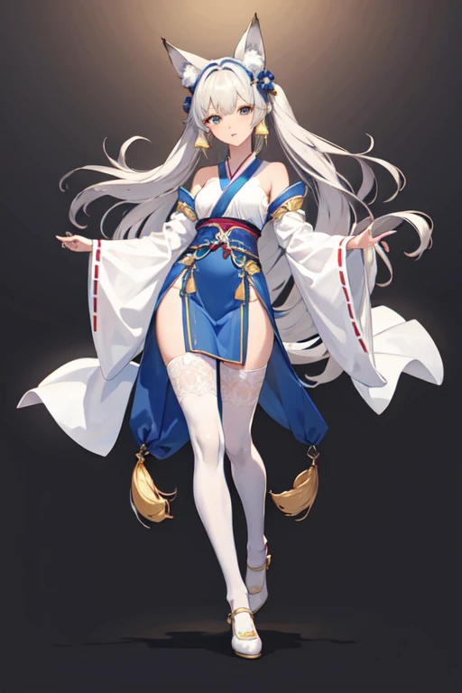 ((best quality)), ((masterpiece)), (detailed), A 16 year old,female,Fox ears,Regular waist-length gray hair,Beautiful face,long flowing hair,broken sleeves,Hanfu,White waist-length stockings,White shoes,Muscle lines are not obvious,Straight Legs,hair accessories(flower),spread legs,Full body perspective,natural dance,Small hips,Large Breasts