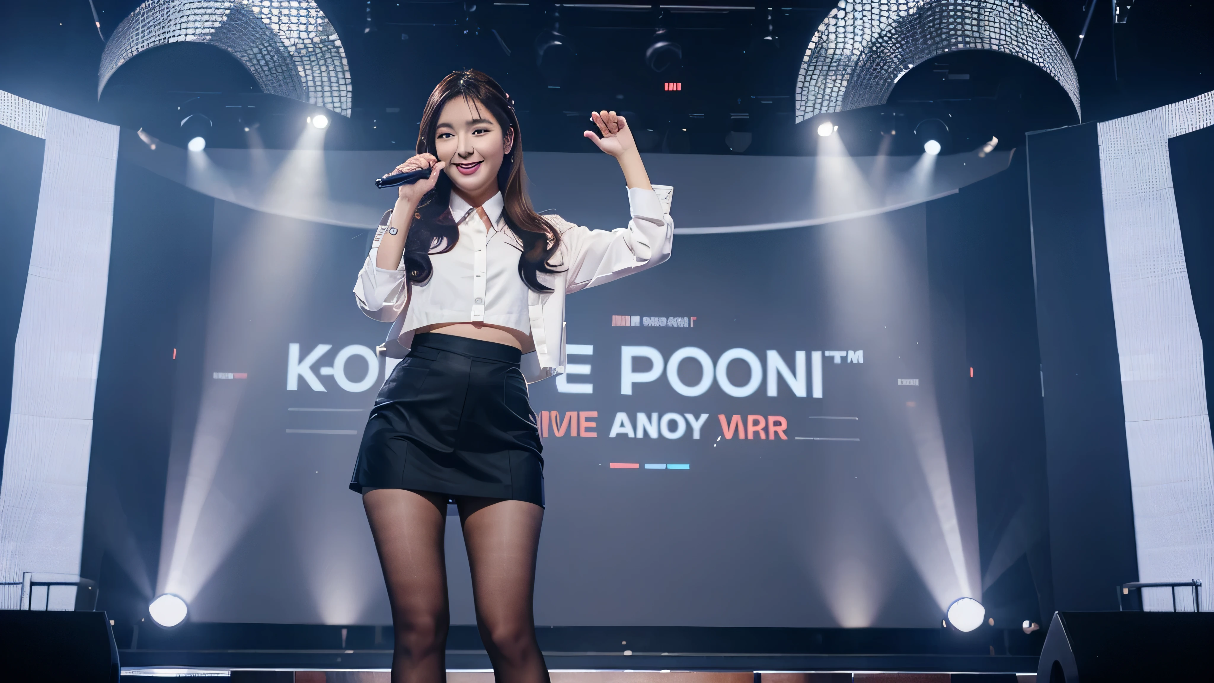 woman wear K-pop , look smart ,Asia, smile, Technology, Consert background, full body, zoom out