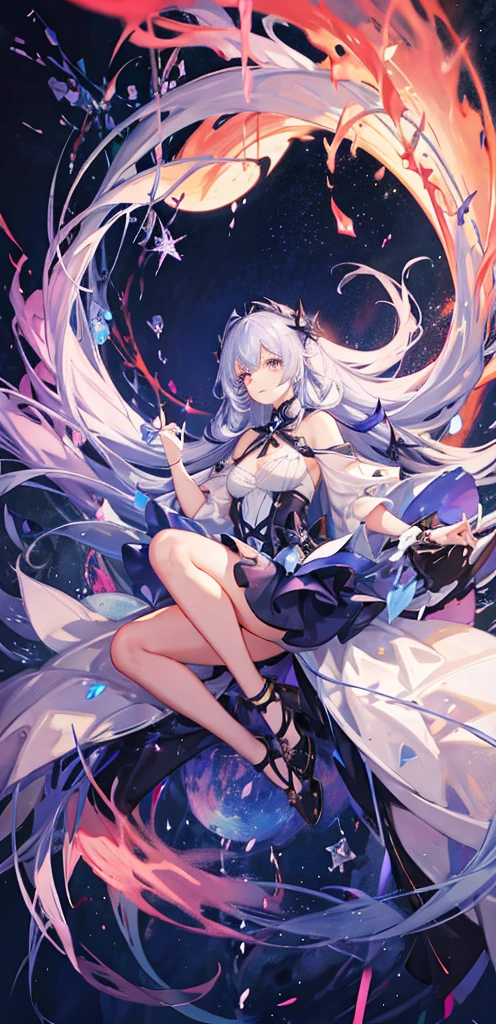 (ether colorful ink flowing:1.3)(((masterpiece))),(((best quality))),((ultra-detailed)),(illustration),((extremely delicate and beautiful)), dynamic angle, floating,(beautiful detailed eyes),(detailed light), floating_hair, glowing eyes, blue background, plants, sky, cloud, smile, pink theme, irises and pupils are rounded, the pupilreflects the surroundings, eyes are not thesame size, watery eyes, glow stars and black hole in background, glow stars, (cosmic background), stars