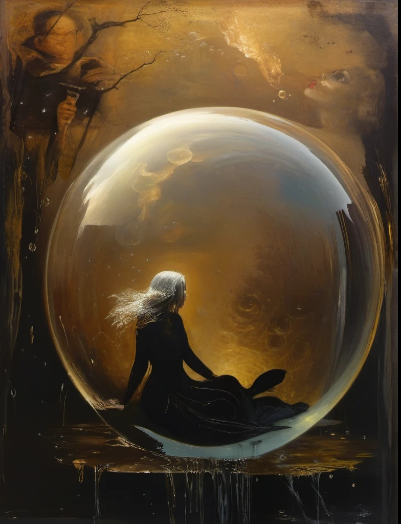 James Gurney, Surrealist art , dream-like, mysterious, Provocative, symbolic, Complex, detailed,, (Gothic but very beautiful:1.4), (masterpiece, Highest quality:1.4) , Nicola Samori Style, Goddess-like mermaid、Water Bubble Boom