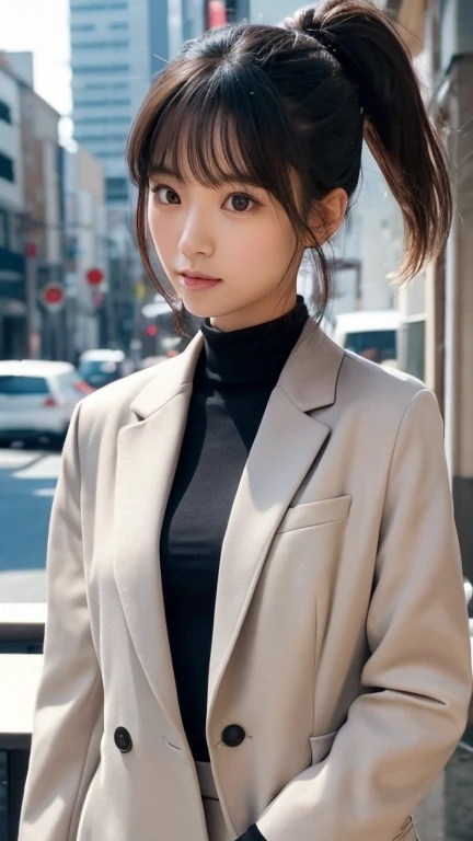 25-year-old woman,Her hair is black and shoulder-length,The skeleton is straight,Japanese skin tone with brown eyes,The outfit is a grey jacket suit with grey bottom pants.,White turtleneck inner,The action is that she holds a hair tie in her mouth and glances at me as she is about to tie her hair in a ponytail.,Her chest is E cup,The place is a café