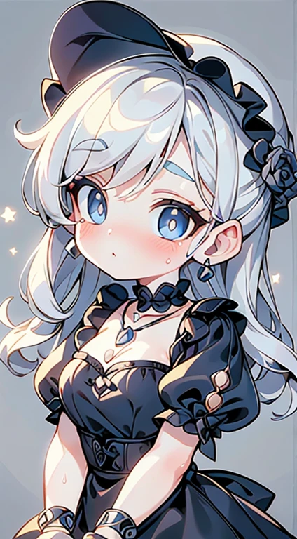 high quality, Lots of details, A silver-haired girl poses cutely. They are dressed in vintage gothic clothing, Putting on a bracelet, Earrings and Necklaces. I can see big things. The photo is a close-up of the face, With cleavage, Shining Breasts, Sweat in cleavage, Sexy vibe.Small breasts、Cute eyes, beautiful eyes、Big eyes、Ultra delicate、Ultra HD