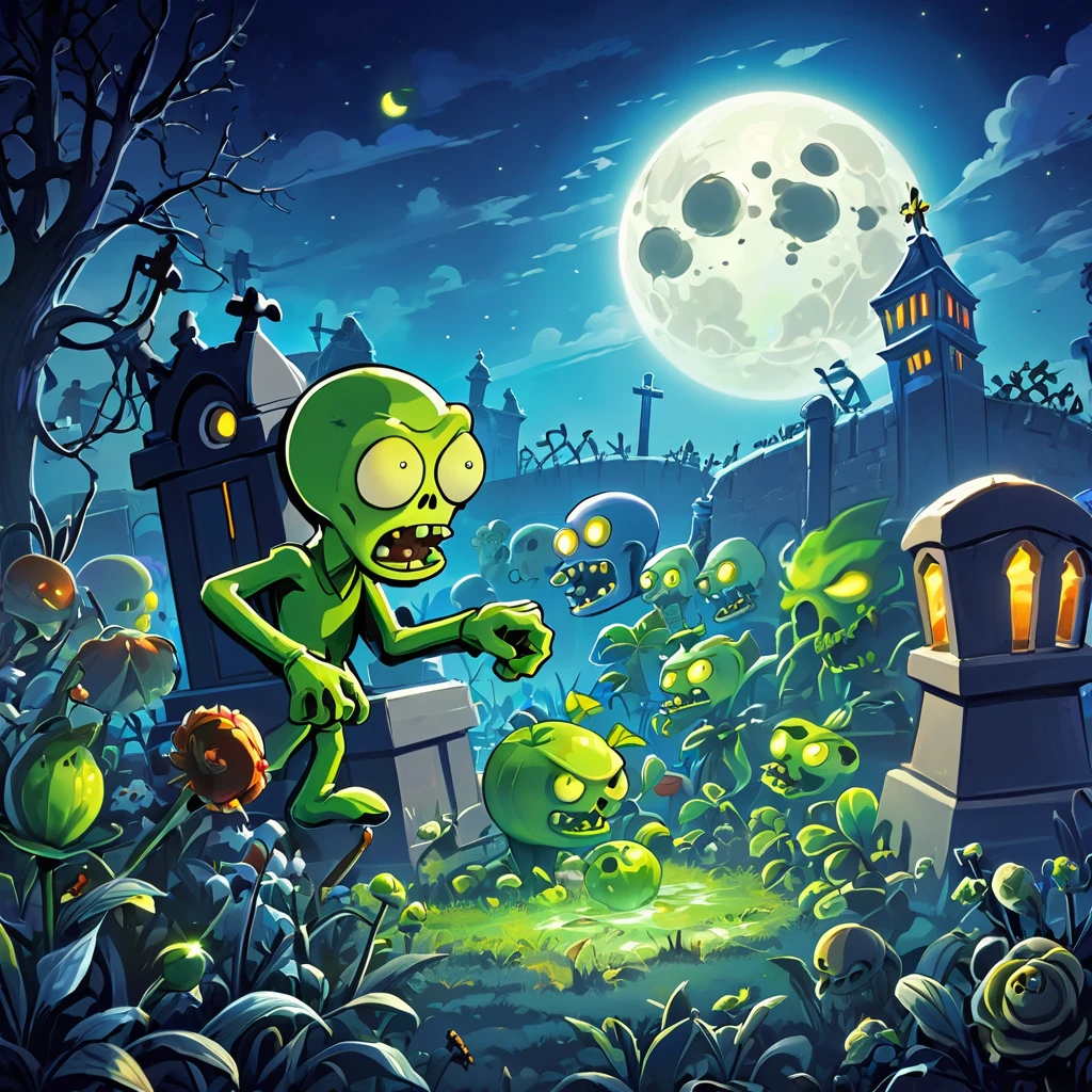 (Plants vs. Zombies), Draw a scene of a battle between plants and zombies in a graveyard at night.。Moonlight shines in the background、Creates a spooky, foggy atmosphere。The blue light creates a mysterious effect、A thrilling battle between ghostly zombies and plants。While emphasizing the horror element、Add a fantasy atmosphere。