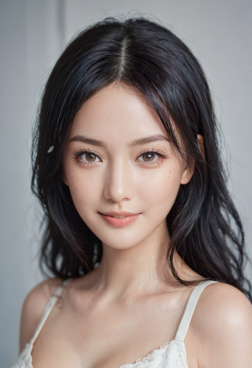 Medium format HD photo, (Stunning gorgeous eurasian Instagram model:1.3), Symmetrical composition, Striking features, Luminous skin, (Flowing black hair:1.2), Radiant smile, Captivating gaze, Elegant posture, (Soft natural light:1.3), Captured with a Phase One XF IQ3 100MP, 80mm f/2.8 lens, Clear details, Ethereal beauty, Timeless allure.