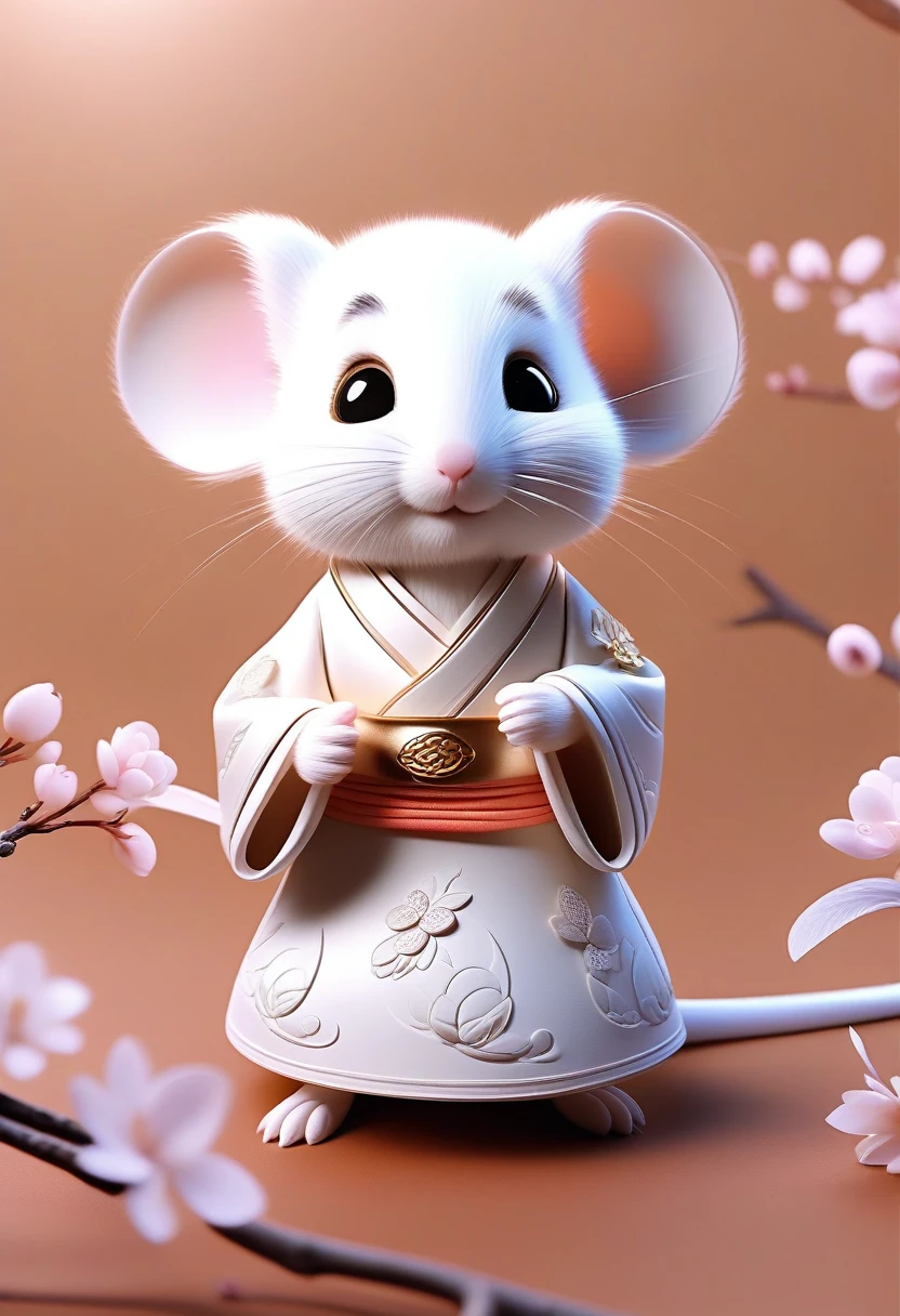 A small white mouse wearing soft Tang Dynasty Hanfu, So cute, Light, Intricately crafted patterns, Pixar Style, Anthropomorphic, Big eyes, smile, Peach Blossom, flow, Charm, immortal, fluffy, Shiny bristles, leaf, fairy tale, Unreal Engine 5 and Octane Rendering, Very detailed, 4K, Art Station Hot Topics, nice, Ultra Wide Angle, 4K --10 per:16 --Test--Video--Up Beta