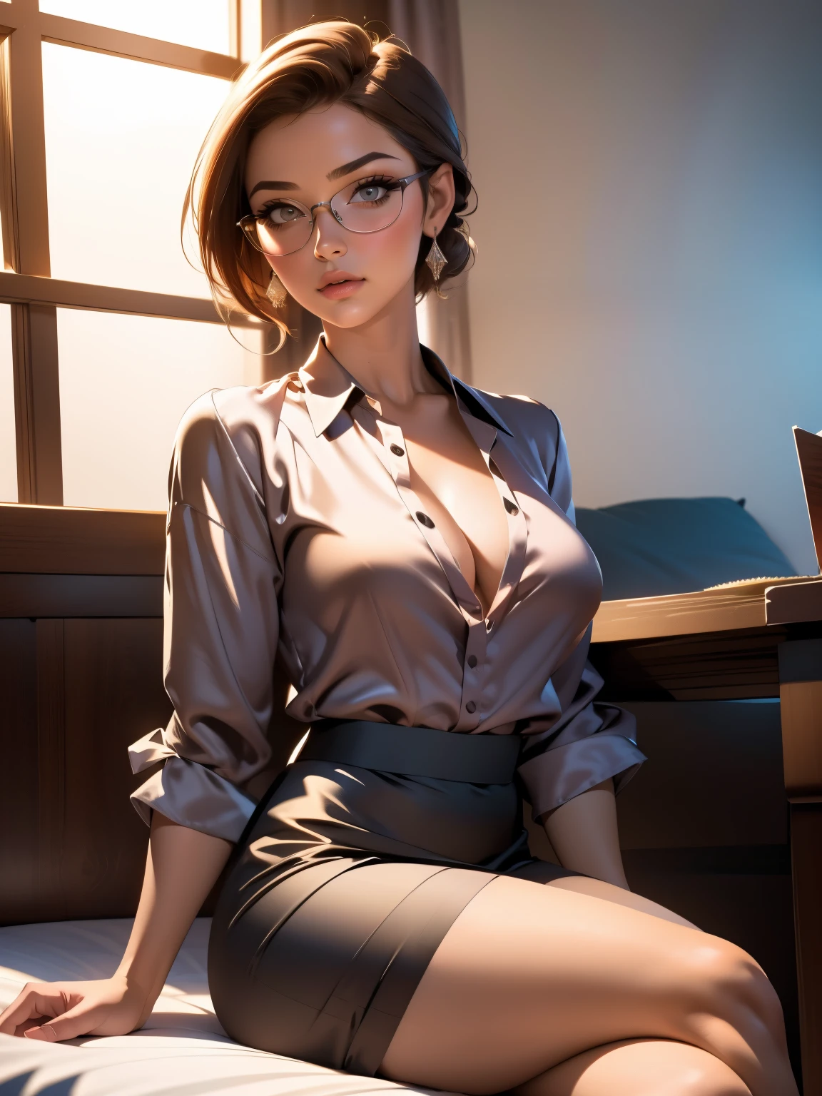 ((Masterpiece, best quality)), photography, detailed skin, realistic, photo-realistic, 8k, highly detailed, full body, High detail RAW color art, diffused soft lighting, shallow depth of field, sharp focus, hyperrealism, cinematic lighting, chibi, Turkish lady, Busty 46-year-old lady, Mature teacher, MILF, full body, eyeshadow, brown hair, short hair, eyeshadow, single bun updo hair, glasses, in, huge breast, tense nipples, cross legs together side, sitting , on side, on the edge of a bed, ((Gray satin blouse)), ((blue satin long pencil skirts)), looking at viewer, Warm light background