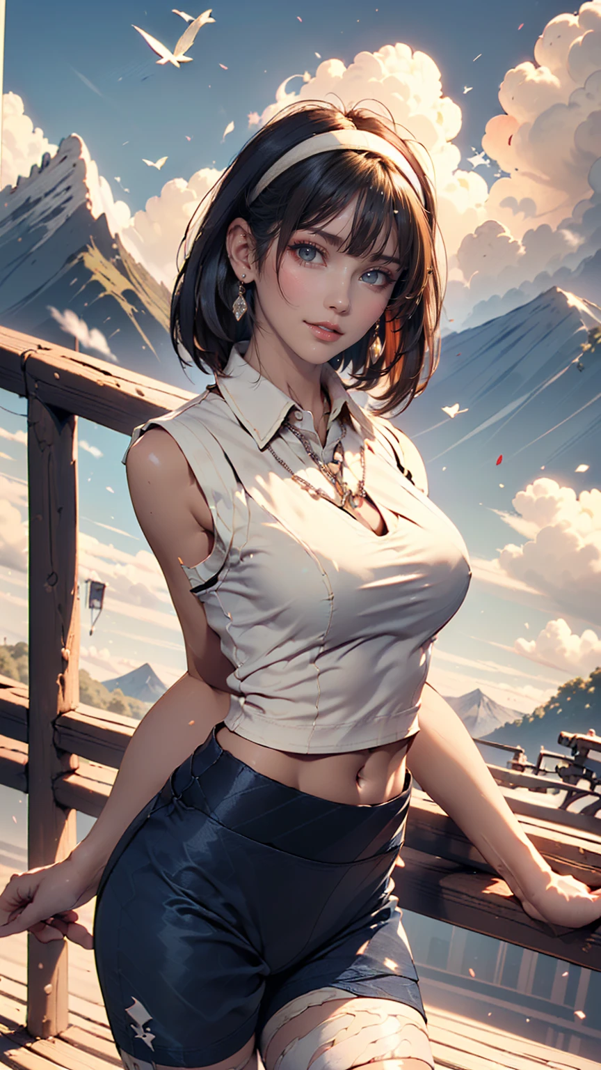 ((((Highest quality))))、(((Ultra-precision CG16K wallpaper)))、(((masterpiece)))、(((Very detailed)))、(((Attention to detail)))、((１29 year old mature woman:1.6))、((人のとてもbeautiful日本の顔))、((Urizane Face:1.8))、((Medium Straight Hair:1.8))、(Shiny Hair)、繊細に描かれたbeautiful顔、Dark Eyes、double eyelid、High nose、Small nostrils、Small Mouth、Seductive lips、beautiful breasts、((C cup size breasts))、Cleavage、Small belly button、beautiful feet、Thin thighs、eight-headed body、Perfect proportions、Perfect ???????、Perfect composition、beautiful detailed shading、beautiful, Natural light、beautiful detail glow、Written boundary depth、(((High chroma)))、(((Genuine:1.9)))、((Vivid:1.5))、((beautiful Skin))、((Skin Texture))、((Genuineな皮膚感))、(((Cowboy Shot:1.6)))、(((Front view、Shoot from the front、Front Low Angle:1.6)))、(((smile:1.4)))、((View your viewers:1.6))、Bright sunlight、Natural light、(((plateau、Mountain、cloud:1.5)))、(Walking pose:1.6)、(((Cream ivory sleeveless collared open front shirt&Navy blue low rise open front yoga shorts:1.6)))、((hair band、necklace、Wear earrings:1.5))、((Lace Stockings Clothed:1.3))、