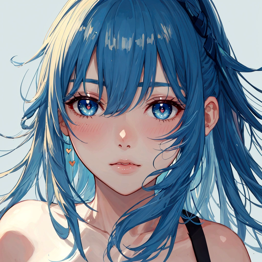 ((masterpiece:1.2, best quality)), (close-up:1.1), (head-shot), (from front, facing front:1.2), perfect anatomy, perfect proportion, 1girl, solo, blue hair, side bang hairstyle, green eyes, horny face, blush, lucious lips, love eyes, heart eyes
