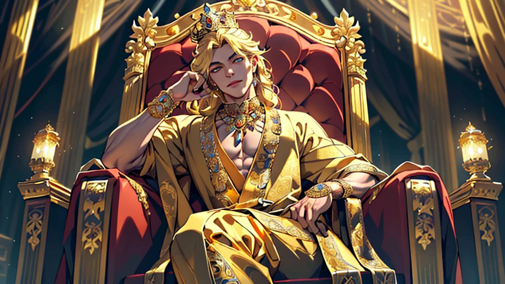 arrogant king sitting on throne surrounded by gold and queen, 1 girl, delicate face, beautiful detailed eyes, beautiful detailed lips, extremely detailed face, long eyelashes, elegant crown, ornate golden throne, luxurious royal attire, intricate jewelry, opulent gold decor, dramatic lighting, cinematic camera angle, vibrant colors, 8k, award winning digital art, artstation, pixiv