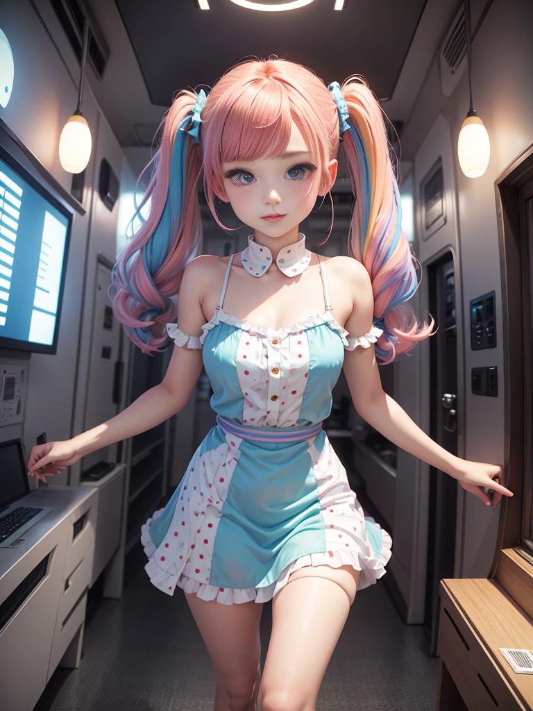 Cute redhead, gravure Idol, with rainbow colored hair tips, ribbons in her hair, 18-year-old woman, happy, in twin tails, perfect symmetrical eyes, clear sparkling blue eyes, pale skin, silky smooth skin, standing on a fancy luxurious space ship, large futuristic corridor, control panels, wood trim, decorative plants, warm lighting, wearing a futuristic  dress, pleated (chemise) mini dress (pastel rainbow colors, and polka dots), wearing full body pantyhose, cute short cut booties.