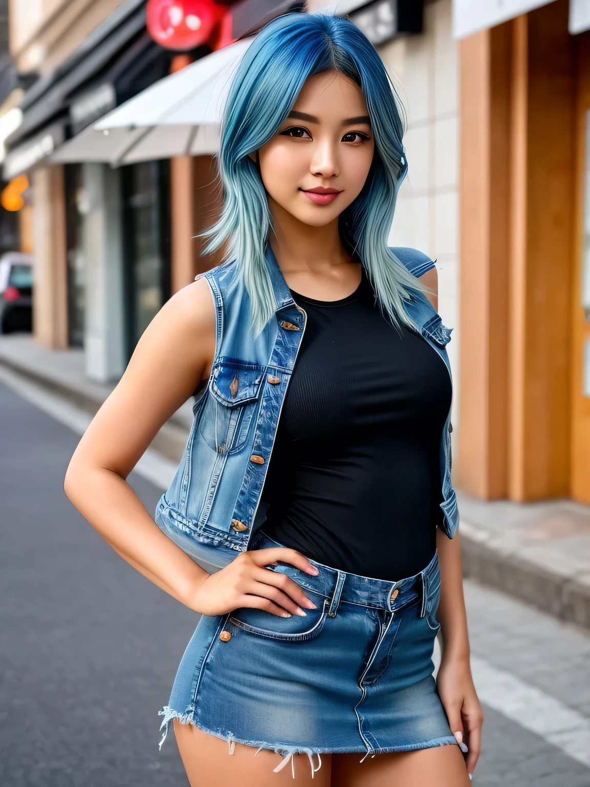 (blue hair:1.4), short hair, realistic green eyes, cobalt hair, long bob hair, tousled hair, shoulder length hair, Full body, woman with white skin and Asian features, 24 year old, big breast. She has a small, elegant nose with a slight upward curve at the tip. Her lips are full and naturally pink, with a well-defined Cupid's bow. Her teeth are straight and white, enhancing her captivating smile. Her face has an oval shape with high cheekbones that add to her model-like appearance. (crack), detailed (texture!, shine, color!!, flaws: 1.1), highly detailed glowing eyes, (looking at camera), specular light, dslr, extreme quality, crystal clear, cute face, detailed skin pores, oil Dark skin, brown, complex eye details, she is far from the camera, A full-body portrait, captured from a distance. Dynamic Frame, 8K, Best Quality, Photorealsitic, Best Quality, High Resolution, Short Sleeve Denim Vest, Open Vest, Black Stockings, Jeans Miniskirt, Blue Mini Skirt, Sexy Heels , Cowboy Shot, Street, (full body shots)