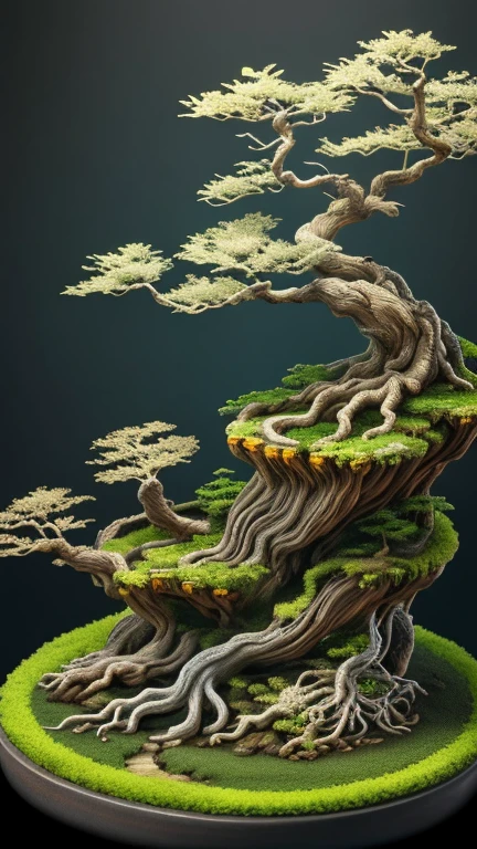best quality, realistic, photorealistic, coral cave with divine bonsai trees whose trunks extend sideways and downwards, green, yellow, "wrapped around by white roots with lots of roots wrapped around" mountains "mountains" unique potted tree trunks and reliefs and steep cliffs"
((Miniature landscape)),(Chinese architecture),Divine Tree,
very detailed carving "pot with root relief",
Ultra wide angle, Accent Lighting, Volumetric Lighting, backlight, (detailed light),((very subtle and beautiful)),dramatic_shadow,ray_tracing,hdr