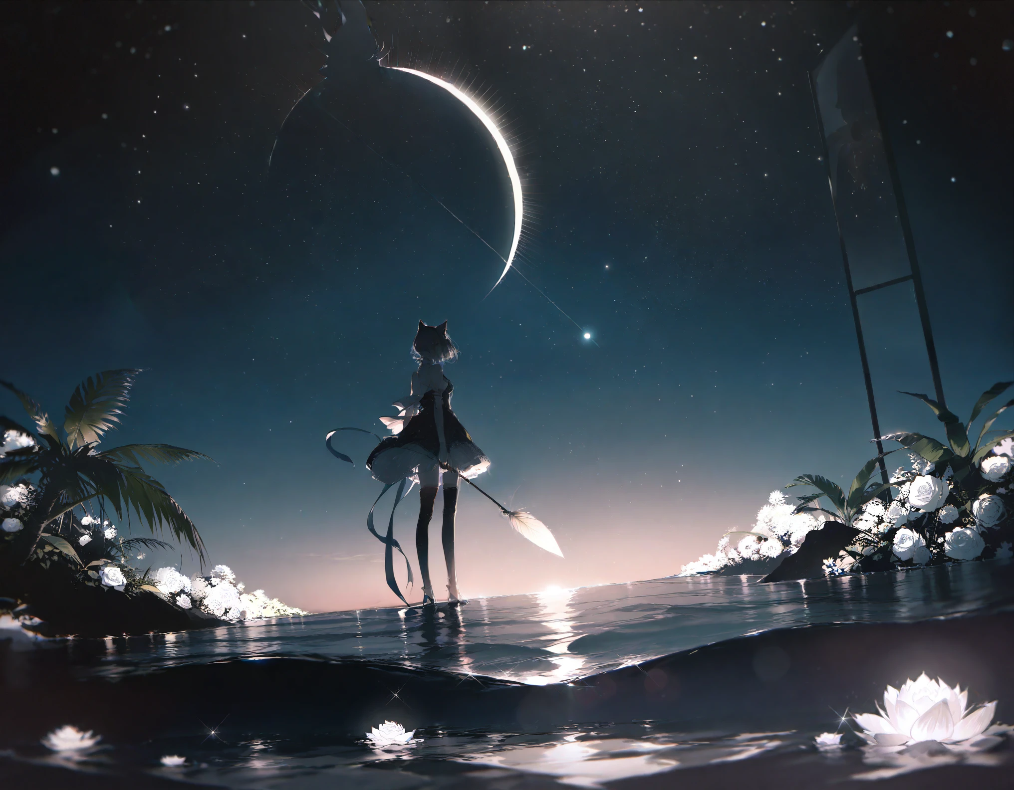 by rella, amazing quality, masterpiece, best quality, absurdres, beautiful, detailed shadow, aesthetic, BREAK A girl, Solitary, Stand on the water, Reflective surface, , Cat ear, (poster:0.76), (Palm leaves), White flowers, (Blue light glow:1.2), night, Dark theme, Starry Sky, dream，moonlight

