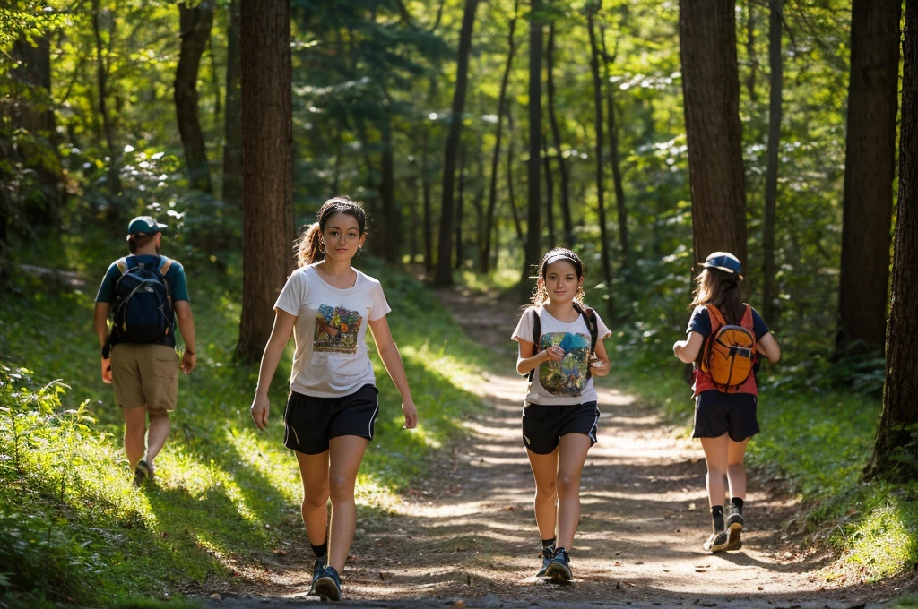 Italy. NSFW. Create a highly realistic scene set in the highlands of Lombardy, Italy, where a 12-year-old Italian girl is leading a group of younger girls on a hiking trip through a dense forest.

    The  stands confidently at the forefront, guiding the group. She has shoulder-length brown hair, which she has pulled back into a neat ponytail that sticks out from the back of her baseball cap. She wears a colorful, short-sleeve t-shirt and knee-length shorts, along with sturdy hiking shoes. Her face shows a look of enthusiasm and leadership as she gestures towards a path ahead, her free hand holding a small map or compass.
    Following closely behind her are several younger girls, aged between 6 and 10. They are dressed similarly in bright, colorful t-shirts, shorts, and baseball caps. Each girl has a small backpack or water bottle. Their expressions range from excitement to curiosity as they look around at their surroundings and occasionally glance up at the older girl. The group includes girls of various heights and builds, reflecting their different ages and youthful energy.

The forest around them is lush and verdant, with tall pine and oak trees forming a canopy overhead. Sunlight filters through the leaves, creating dappled patterns on the forest floor, which is carpeted with soft moss, ferns, and a few wildflowers. A narrow, winding trail leads into the depths of the woods, bordered by rocks and roots that add a sense of adventure to their journey.

In the background, the rugged outlines of the Lombardian mountains can be seen, with some patches of snow still visible on the higher peaks, adding to the majestic and natural beauty of the scene. The atmosphere is filled with the fresh scent of pine and the sounds of birds and rustling leaves, capturing the essence of a vibrant and engaging outdoor adventure.

This scene encapsulates the spirited and exploratory mood of the group, with the 12-year-old girlding her younger companion