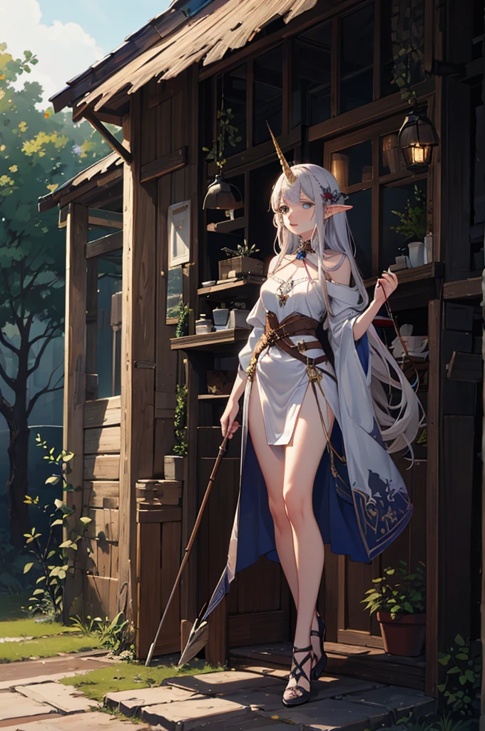 fallen wood,Elves with compound bows:1.5,Elf with a bow:1.5,arrow,flat breasts,dutch angle shot,ground-level shot,low angle,full body shot,medium shot,hunter:1.2,One unicorn:1,3, One Girl and One Fairy:1.8,Undulating lakes,deep-forest,Blowing in the wind,Has depth,(4K), (Raw photo: 1.2), (Realism: 1.4), (masutepiece: 1.3), (exquisite detailing: 1.2), Delicate and beautiful details, (Eye Detail), (Facial Detailed), (Highest Quality) :1.4), (Hyper-Resolution: 1.2),(very detailed illustration), Best Quality, depth of fields, Wide light, natural shadows