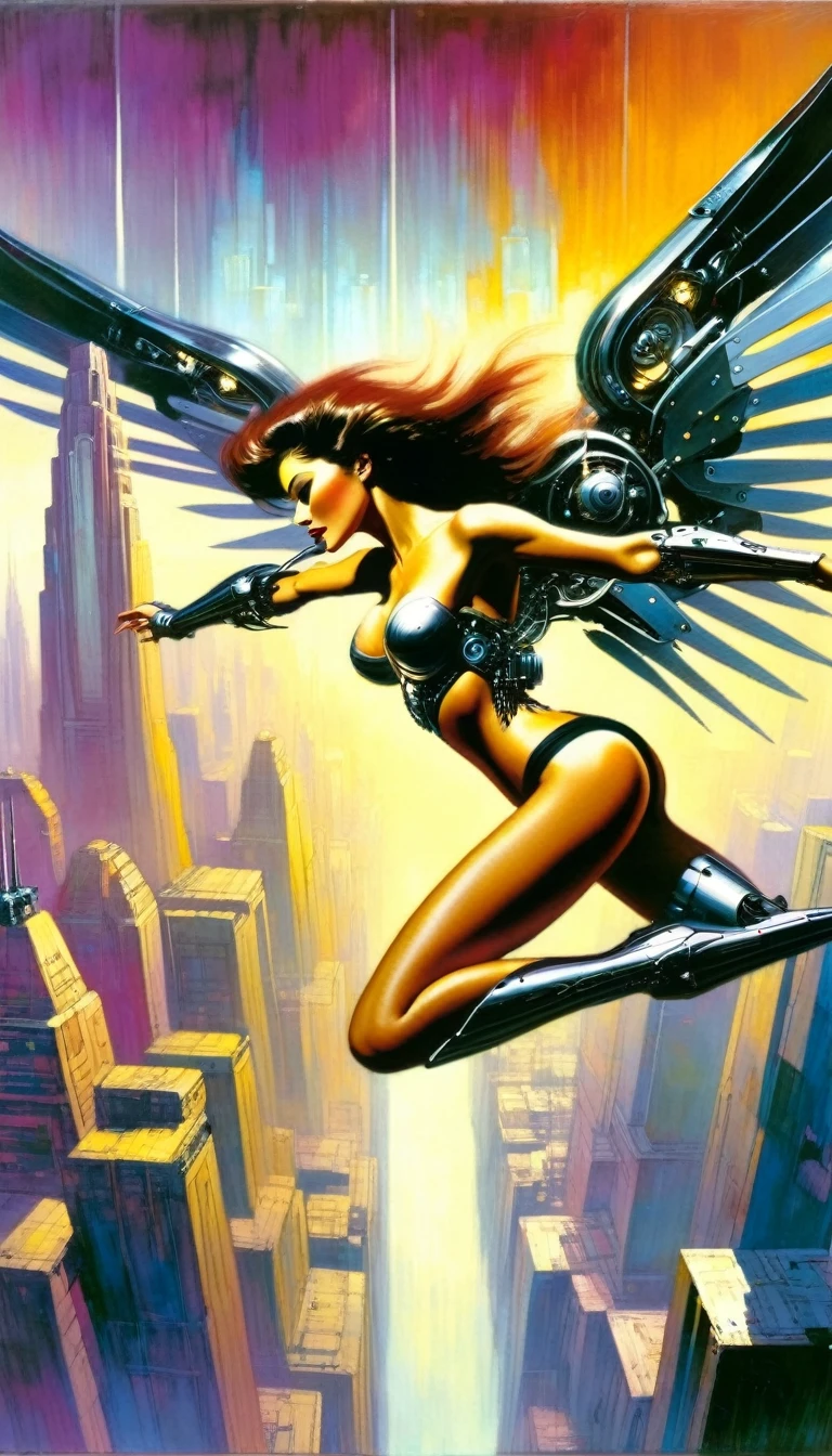 Chopped shot, a very sexy woman with metal wings, mechanical wings, flies over an impressive futuristic city.(art inspired in Bill Sienkiewicz). oil painting)