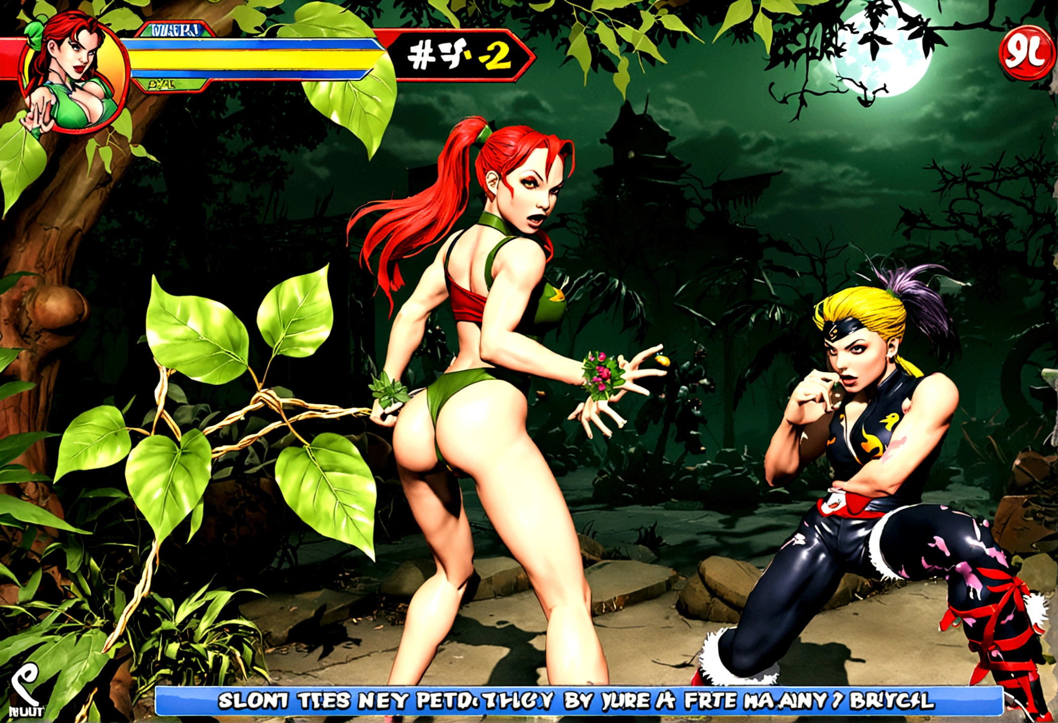 (street Fighter 2 16 bit game) DC character 'poison ivy' has animated plant (thorn,vine,flower) beasts to demolish a horde of zombie (rotten people) emerging from a swap, moonlit swamp, show the epic battle of plants vs. zombies, (bonus round destroy as many zombies as you can with Poison Ivy's plant lash attack)