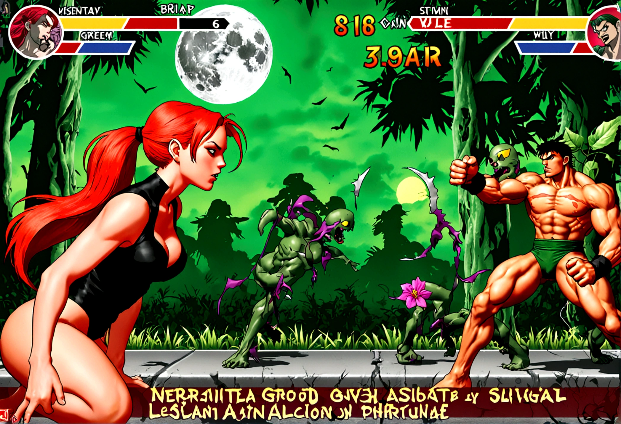 (street Fighter 2 16 bit game) DC character 'poison ivy' has animated plant (thorn,vine,flower) beasts to demolish a horde of zombie (rotten people) emerging from a swap, moonlit swamp, show the epic battle of plants vs. zombies, (bonus round destroy as many zombies as you can with Poison Ivy's plant lash attack)