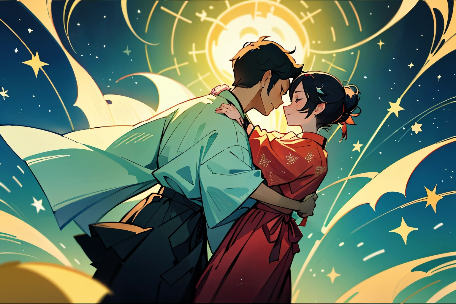 A man wearing hakama and a woman who looks like a heavenly maiden、２People are in love、Many large star patterns around、beautiful、Tanabata、Bamboo leaf