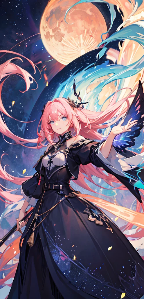 (ether colorful ink flowing:1.3)(((masterpiece))),(((best quality))),((ultra-detailed)),(illustration),((extremely delicate and beautiful)), dynamic angle, floating,(beautiful detailed eyes),(detailed light), floating_hair, glowing eyes, blue background, plants, sky, cloud, smile, pink theme, irises and pupils are rounded, the pupilreflects the surroundings, eyes are not thesame size, watery  eyes, (glow stars and black hole in background), (glow stars), (cosmic background), (stars)