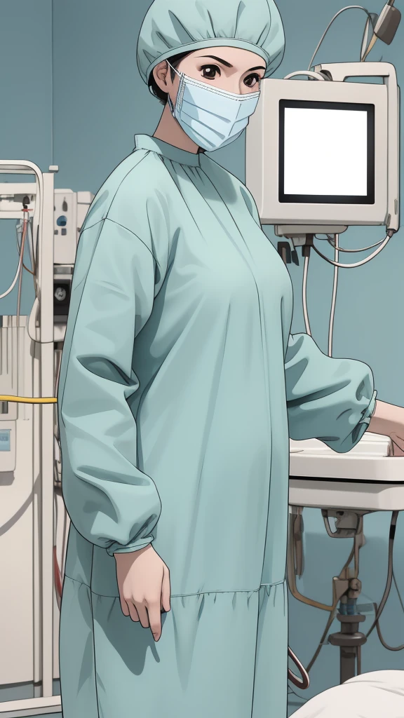 masterpiece, highest quality, source_anime, the view is turned slightly to the side, (RAW photo, best quality), 1girl, frown, pale skin, shy eyes, big breasts, big tits, pregnant, stand, natural lighting, solo, hospital, in the operating room, 
ray kasugano, pregnant with big belly, (give a score of 9_give a score of 8_give a score of 7) long sleeve Surgical dress, bouffant cap, cover the ears, surgical mask, long surgical gloves, 