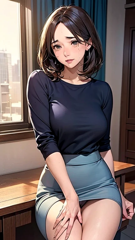 1 Woman, Japanese Woman,(Housewife:1.5),(40 Years Old:1.68),(Attractive Mature Woman:1.66),(Middle Age:1.78),(Small Round Face:1,69),(small breasts:1.5),((graduated haircut)),Casual, simple blouse,V-neckline,knee-length skirt, blouse in bright colors,pastel shades,(((cafe interior,in room))),(Pressing the crotch with the hand on the skirt:1.77),(estrus:1.52),(tears:1.03)