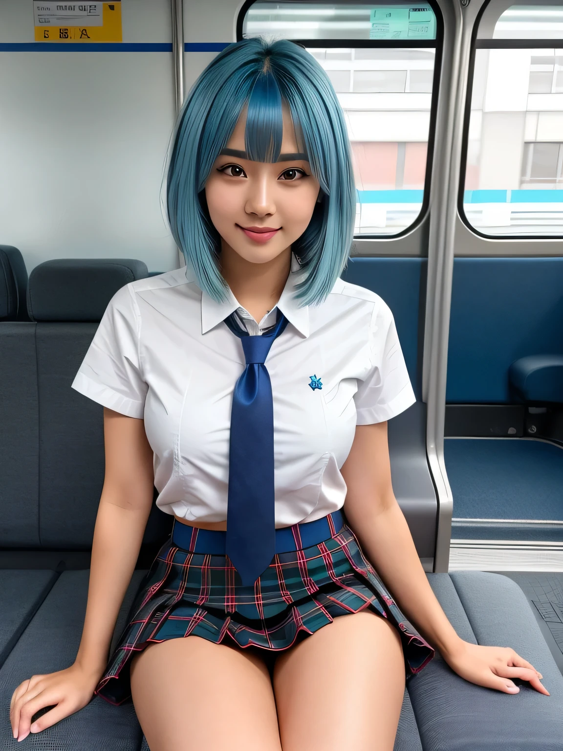 (blue hair:1.4), short hair, realistic green eyes, cobalt hair, long bob hair, tousled hair, shoulder length hair, Full body, woman with white skin and Asian features, 24 year old, big breast. She has a small, elegant nose with a slight upward curve at the tip. Her lips are full and naturally pink, with a well-defined Cupid's bow. Her teeth are straight and white, enhancing her captivating smile. Her face has an oval shape with high cheekbones that add to her model-like appearance. (crack), detailed (texture!, shine, color!!, flaws: 1.1), highly detailed glowing eyes, (looking at camera), specular light, dslr, extreme quality, crystal clear, cute face, detailed skin pores, oil Dark skin, brown, complex eye details, she is far from the camera, A full-body portrait, captured from a distance. Dynamic Frame, 8K, Best Quality, Photorealsitic, (highest quality: 1.2), (realistic), (realistic: 1.37), ultra high resolution, cute, smile, closed mouth, beautiful details, thighs,Self snap,University Student Uniform,Sitting on a Tokyo train,simple blazer,pleated skirt,(The pattern of the skirt and tie is a tartan check pattern..:1.3),cross your legs, From above,thighs