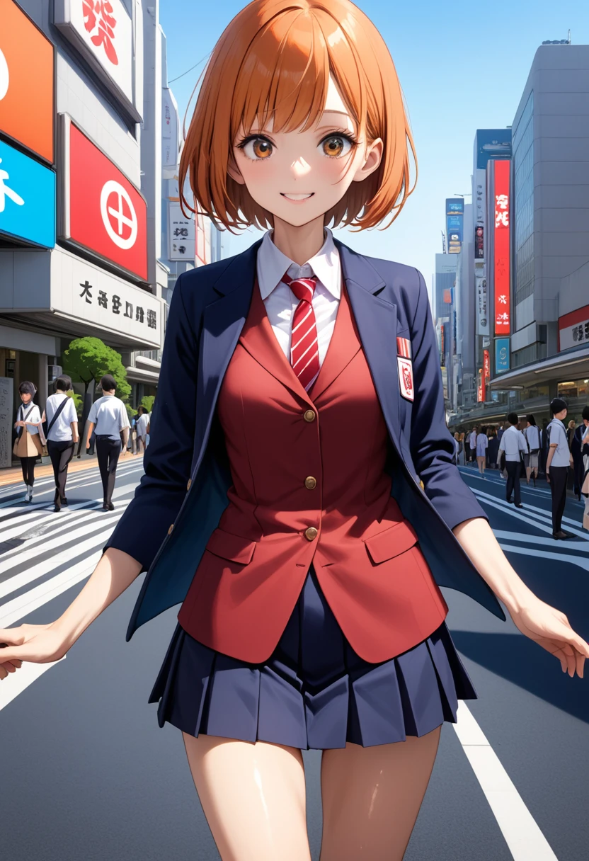 ((masterpiece,Highest quality:1.3,best quality illustration)),cowboy shot,1woman,16-year-old Japan beauty,((very small head:1.4)),short bob hair,bangs,(orange hair),brown eyes,gorgeous eyes,blush,smile,medium breasts,((very long body)),(School uniform,Navy blue blazer、Red tie、White Shirt、Navy blue pleated mini skirt),(toned body,slender body,skinny),gleaming skin,shiny skin,oily skin,standing,Shibuya Station、Tokyo