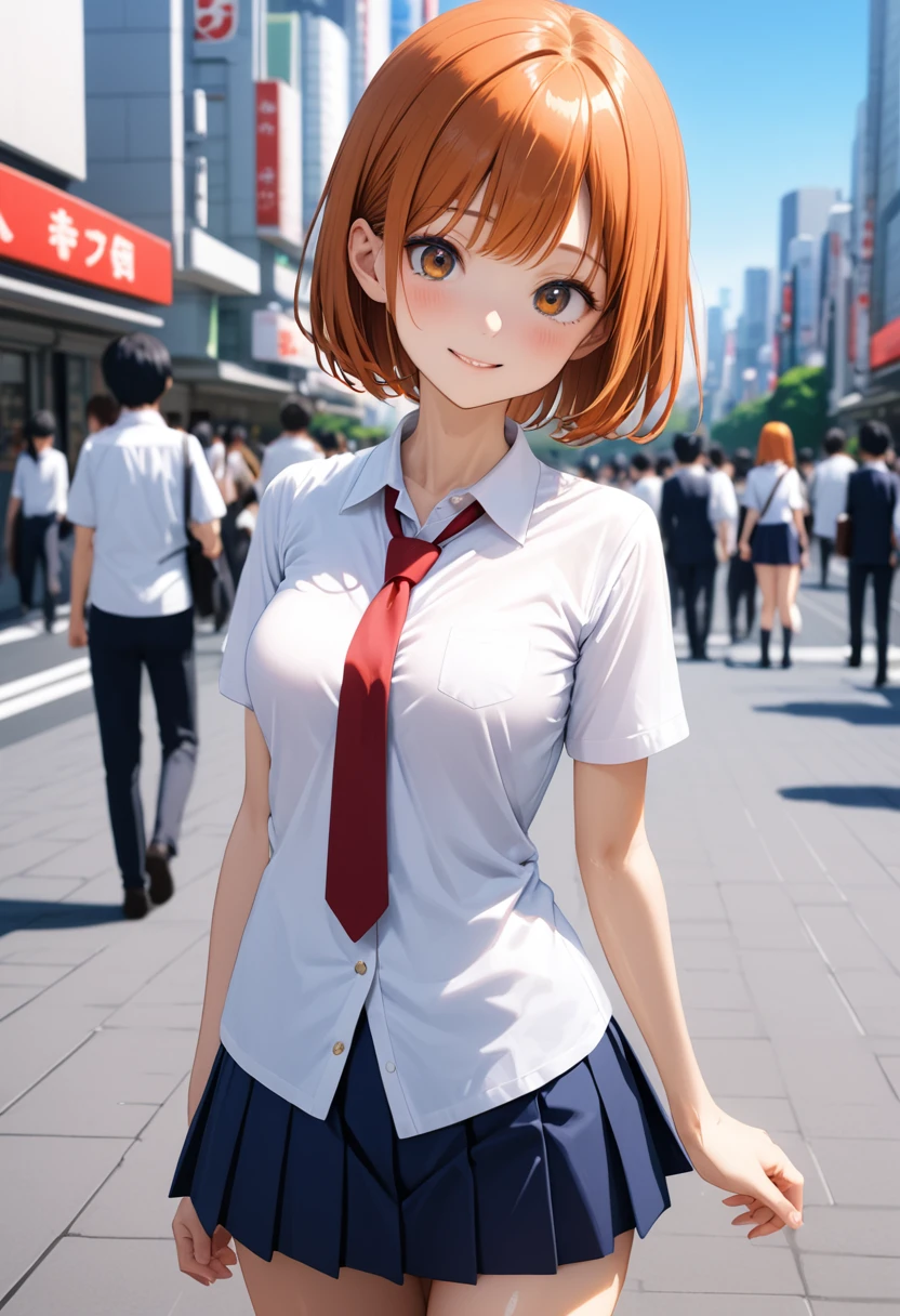 ((masterpiece,Highest quality:1.3,best quality illustration)),cowboy shot,1woman,16-year-old Japan beauty,((very small head:1.4)),short bob hair,bangs,(orange hair),brown eyes,gorgeous eyes,blush,smile,medium breasts,((very long body)),(School uniform,Navy blue blazer、Red tie、White Shirt、Navy blue pleated mini skirt),(toned body,slender body,skinny),gleaming skin,shiny skin,oily skin,standing,Shibuya Station、Tokyo