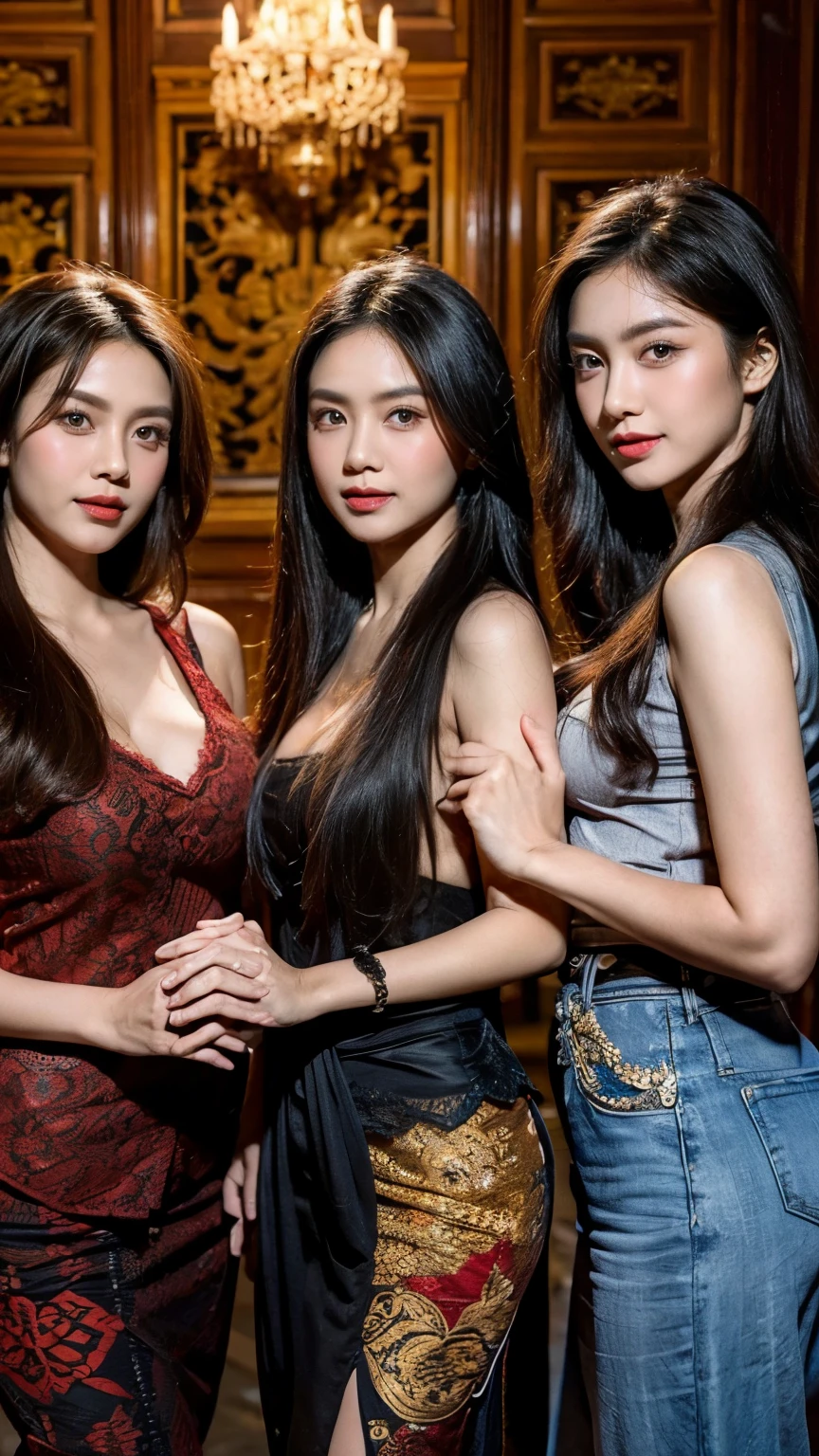 1 Family, Potrait of 3 girls Indonesian-chinese girl, long fashion hair, fit body, small cleavage, skintight black lace kebaya, batik skirt, (masterpiece, highly detailed, ultra hd, 8k), detailed face, detailed eyes, perfect eyes, detailed skin texture, detailed lips, sexy lips, perfect hands, dynamic angle, cowboy shot, rich family 