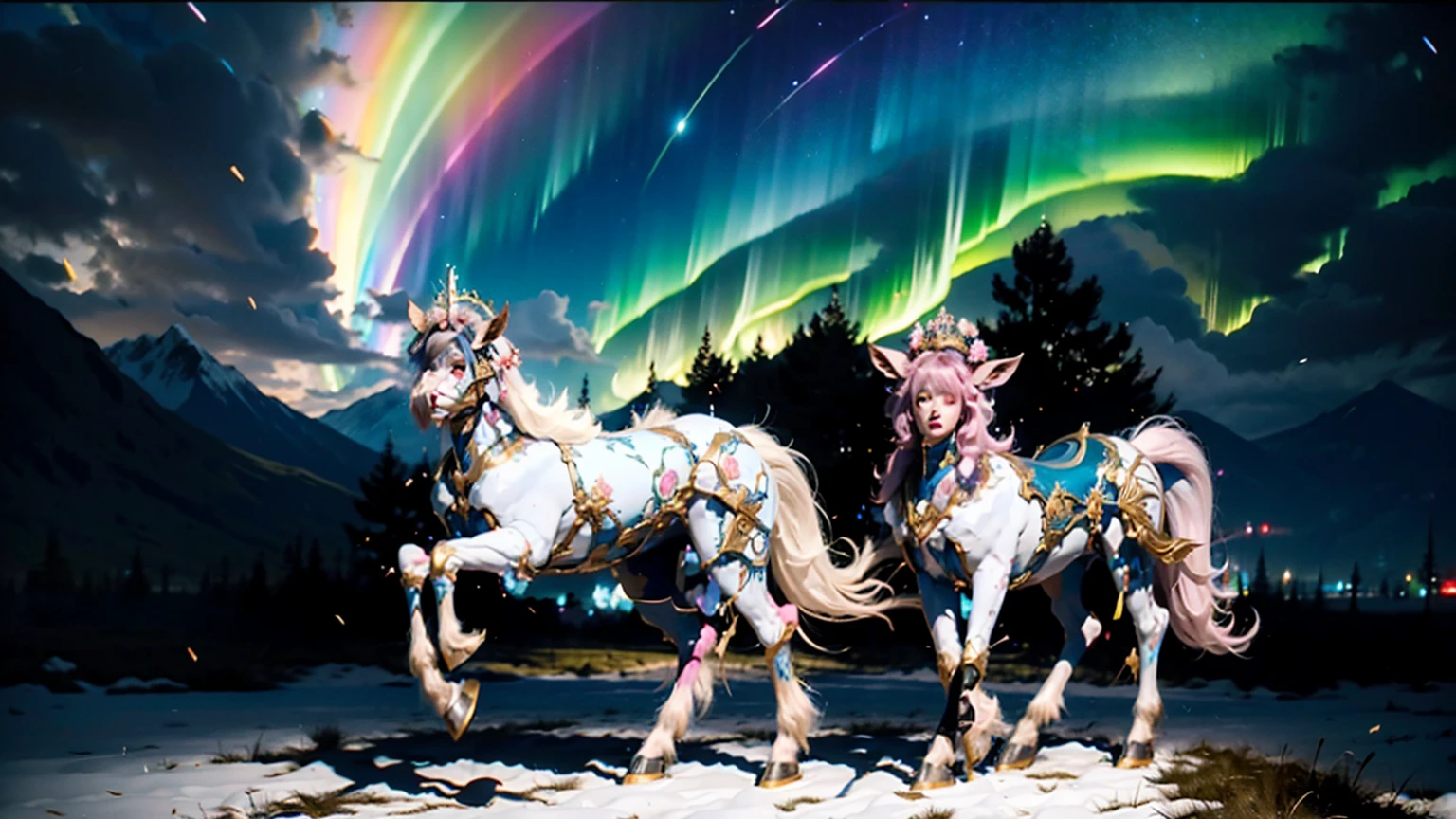 In the beautiful illustration of this super-grand scene,The ultra-distant lens shows us(More than eight distinctive and beautiful female centaurs,Half man, half horse,Half man, half horse角色:9.9),Their personality、Distinctive and vivid features。from(A radiant, angelic, snow-white centaur from heaven:1.1),arrive(Nightmare-like fiery red centaur surrounded by flames:1.1)、再arrive(Green Centaur, the wind fairy dancing in the air:1.1)、再arrive有(One-horned blue centaur surrounded by lightning:1.1),arrive(A mechanical-style mecha Centaur shining with metallic light:1.1)、再arrive(A powerful dragon-shaped centaur wearing colorful dragon scale leather:1.1)、再arrive(A slender elven centaur that is graceful and agile:1.1)Gracefully wears a flower crown、arrive(Enchanting and charming Tiflin centaurs:1.1)、再arrive(A succubus centaur with an indescribably sexy feeling:1.1)。Each Centaur character fully demonstrates his unique style。The illustration uses advanced artistic techniques and tools,Use nesting、Weaving、Splicing、perspective、interlude、Montage and other artistic techniques,Divide the scene into sections by geometric arrangement,Each part corresponds to a role,from而更有效地利用了空间,Make eight centaurs exist in one picture at the same time,(The style tends to be grotesque、Hayao Miyazaki、Aesthetic、Unavailable:3.3)。Through Midjourney's advanced brush tools、Color palette、Material packs和模型包、Texture tools,For each centaur, beautiful props are designed to increase racial characteristics、Clothing and physical features,Enhances the character's personality and visual appeal,(Stunning landscapes in illustrations,There are changing skies、rainbow、aurora、Stars and Moon,Incorporating iconic landmarks such as Mount Everest,and fireworks、Tranquil Lake、Natural and urban elements of waves and neon lights,Creates a magical atmosphere:1.5),Centaurs demonstrate their unique abilities and equipment in a variety of environments,This is true even in extreme alien landscapes。Use Midjourney's tools、Material packs、Texture tools、The color palette makes depicting details vivid and realistic,from复杂的发型和以及不同的种族特质、Body、Appearance features、服装arrive真实的纹理,Greatly improved the realism of the Centaurs and their surroundings,The fusion of multiple art styles adds dynamism to the character's movement at all angles,The overall visual experience is further enriched。The final illustration was described as a "masterpiece",It has the characteristics of "best quality" and "realistic",The details put into the creative process are shown、Level of creativity and craftsmanship。 hdr,(Reality,Masterpiece quality,Best quality)