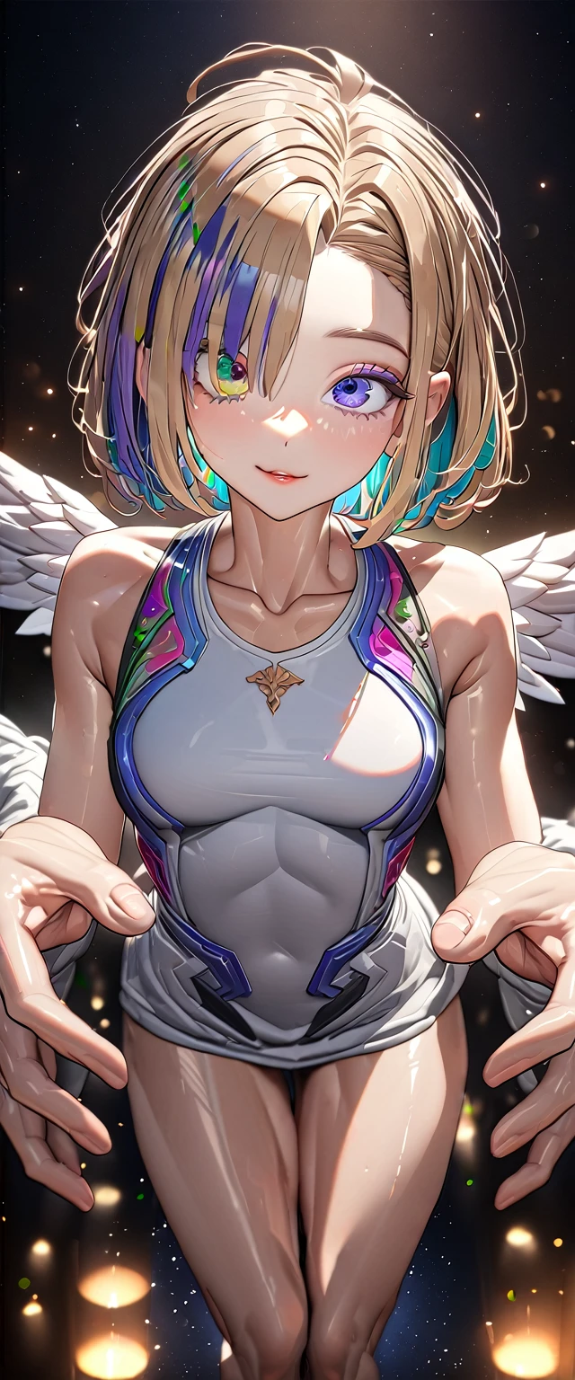 ((angel, big big white wings:1.3, halo:1.3)), (((spread arms))), (((cowboy shot))), ((flying)), archangel Uriel, ((wavy hair, outward curled hair)), evening, Sunset, ((blond hair, bob cut:1.3)), breasts, teenager, (looking at viewer), oversized clothes, puffy long sleeves, collarbone, ((off-shoulder sweater dress:1.3, Quite thick shoulder straps)), (((sleeves past wrists:1.3))), ((white sweater)), collarbone, head tilt:1.3, (((blue eyes))), ((happy smile)), (((anime style))), (best quality, 4K, 8K, highres, masterpiece:1.2, ultra-detailed, ultra-detailed eyes, HDR, uhd, studio lighting, ultra-fine painting, sharp focus, physically-based rendering, extreme detail description, professional, vivid colors, bokeh), ((Highest quality, Best image quality, Ultra-high resolution, Ultra-high resolution, solo, Strong eye highlights)), Depth of written boundary, Natural soft light, attractive, Beautiful Face, Cleanliness, Pure Face, medium chest, Beautiful Face, Perfect Fingers, Perfect hands, Perfect body, Perfect Face, Shine a light into your eyes, Perfect Anatomy