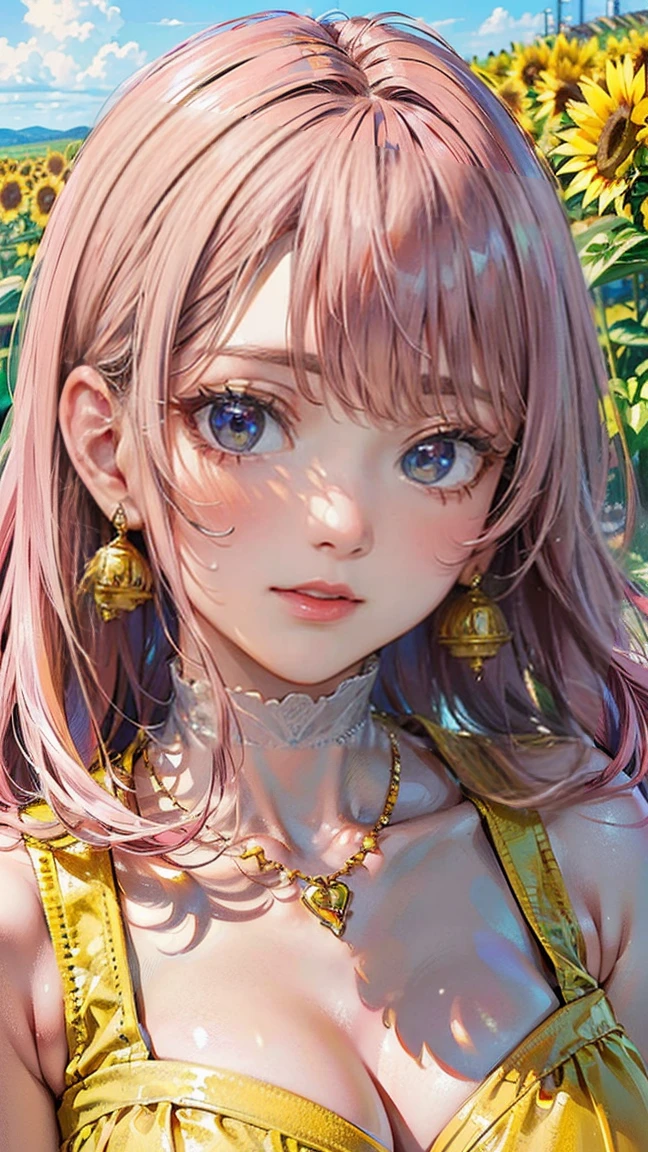 (Masterpiece, BestQuality:1.3), (ultra detailed:1.2), (hyperrealistic:1.3), (RAW photo:1.2), High detail RAW color photo, professional photograph, (Photorealistic:1.4), (realistic:1.4), professional lighting, perfect anatomy, (Big Breasts:1.2), (blush, detailed face), (cheerful Smile:1.5), (Pink Hair:1.5), Trending Hair&Trending Hairカラーをランダムに, earrings, necklace, bracelet, sexly, erotic sexly, Random sexy gravure poses, (A girl wearing a yellow summer dress、Sunflower field blowing in the wind。: 1.3)
