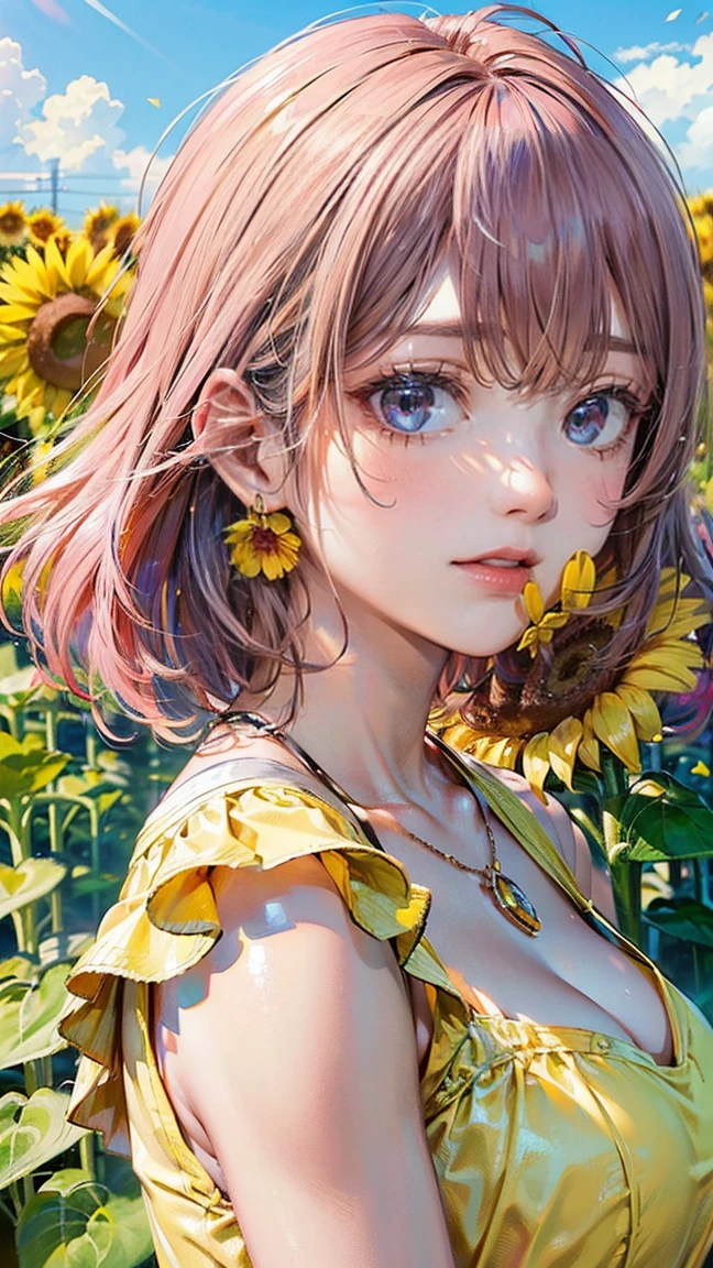 (Masterpiece, BestQuality:1.3), (ultra detailed:1.2), (hyperrealistic:1.3), (RAW photo:1.2), High detail RAW color photo, professional photograph, (Photorealistic:1.4), (realistic:1.4), professional lighting, perfect anatomy, (Big Breasts:1.2), (blush, detailed face), (cheerful Smile:1.5), (Pink Hair:1.5), Trending Hair&Trending Hairカラーをランダムに, earrings, necklace, bracelet, sexly, erotic sexly, Random sexy gravure poses, (A girl wearing a yellow summer dress、Sunflower field blowing in the wind。: 1.3)